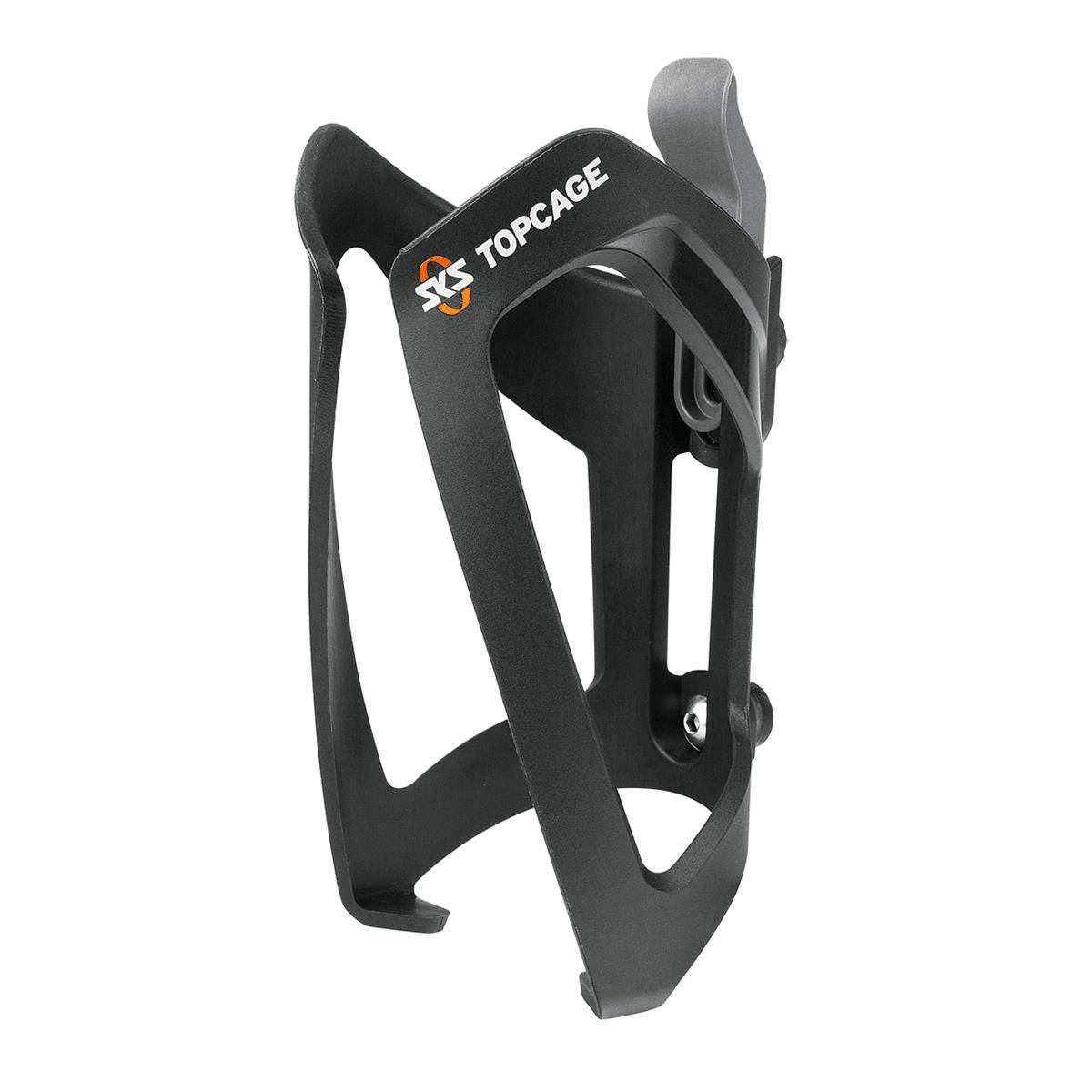 Black SKS Topcage bike water bottle holder mounted on a bicycle frame, front-loading design for easy bottle access.