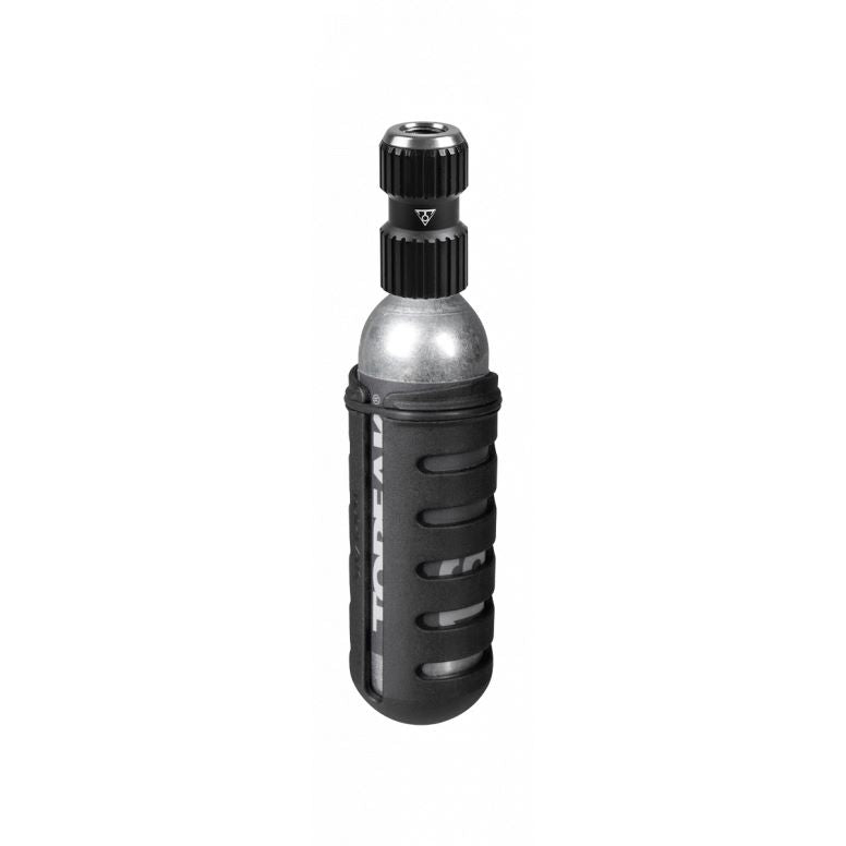 Topeak AirBooster Nano bike tire inflator with 16g CO2 cartridge in black, compact cycling accessories for quick inflation