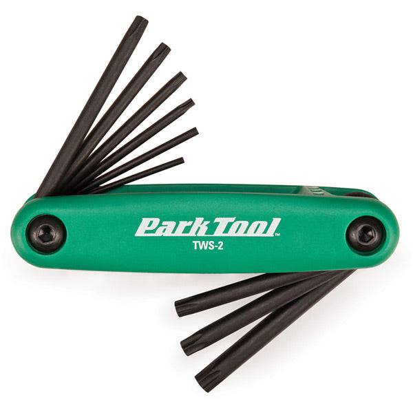 Park Tool TWS-2 fold-up Torx wrench set with composite handles, ideal for bike repairs and workshop use.