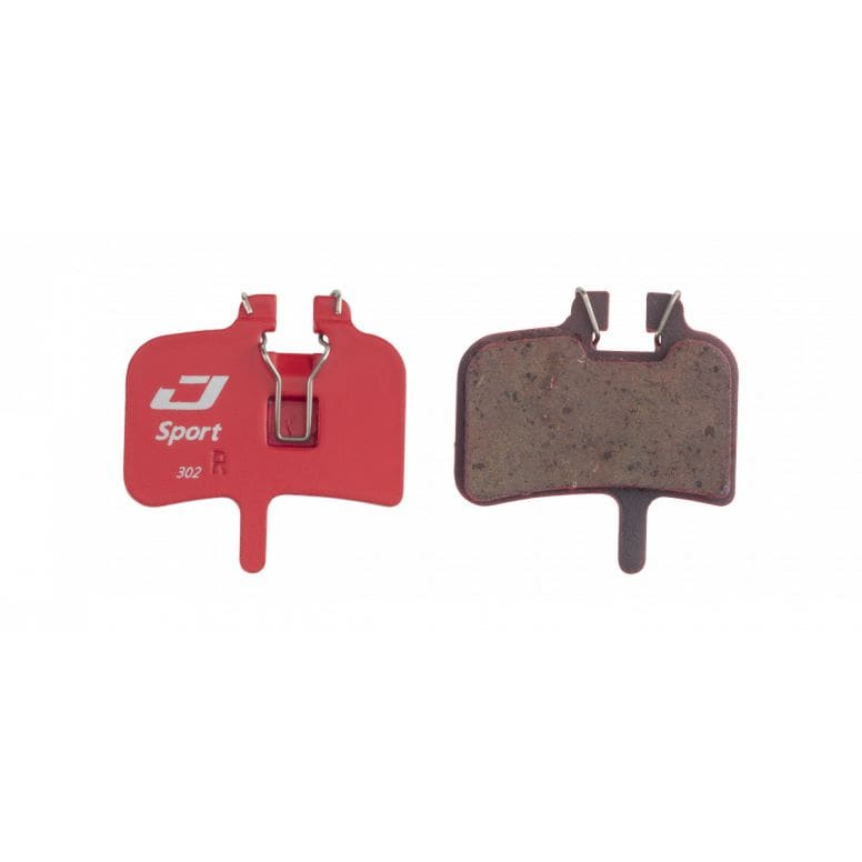 Jagwire Sport Semi-Metallic Disc Brake Pads for Hayes HFX Red Series bike components, showing the brake pads and packaging.
