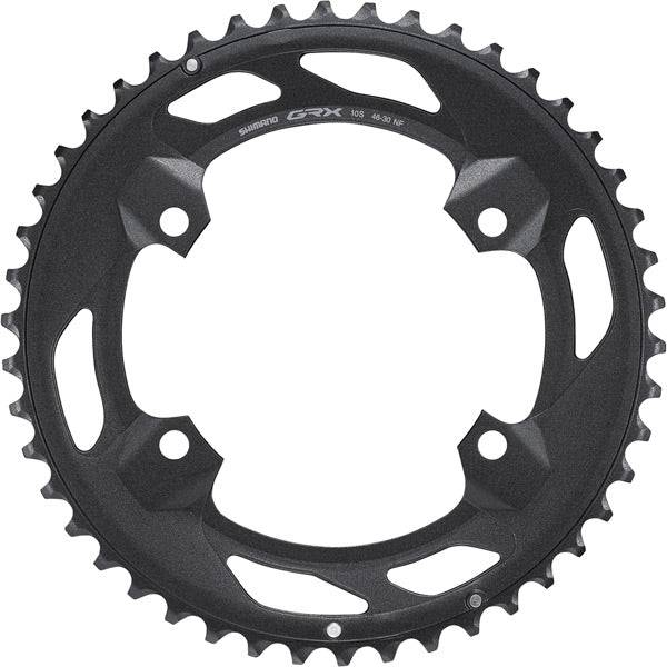 Shimano GRX FC-RX600 10-speed double chainring with 46T and 30T for gravel bike components, shown mounted on a bike crankset.