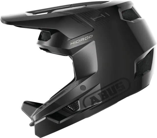 ABUS HiDrop mountain bike helmet with break-away visor, designed for downhill racing, featuring a sleek, protective cycling helmet.