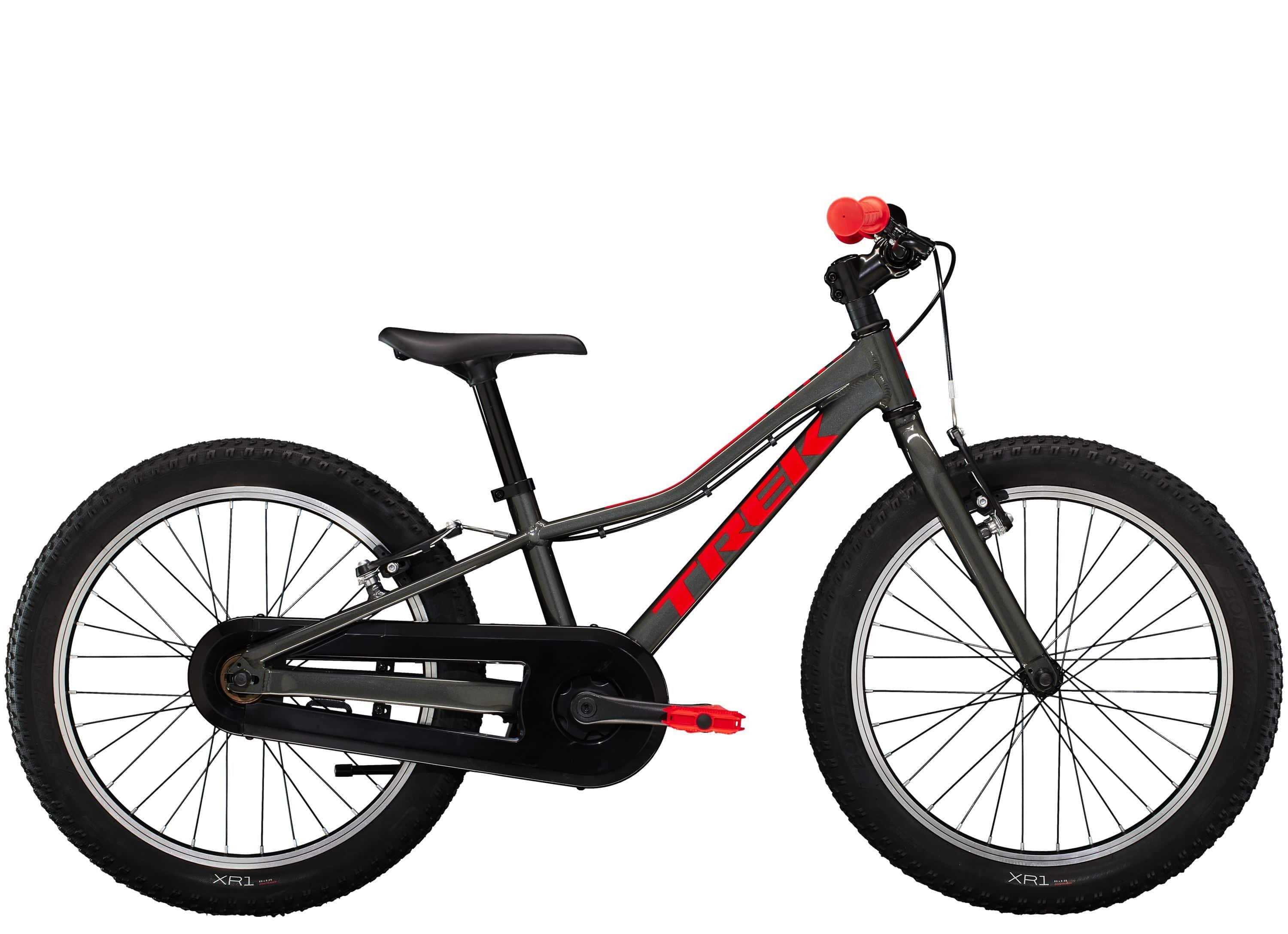 Trek Precaliber 20 kids' mountain bike with integrated handle for trail riding, featuring black frame and knobby tires.