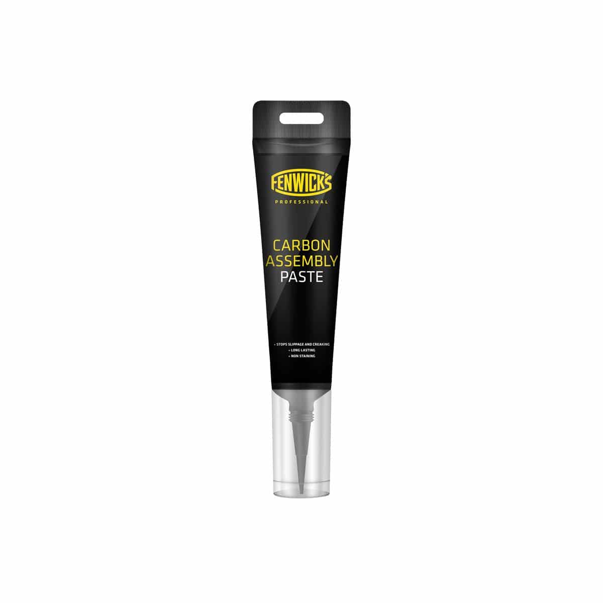 Fenwick's Professional Carbon Assembly Paste 80ml for carbon seatposts, handlebars, and stems, shown in a workshop setting.