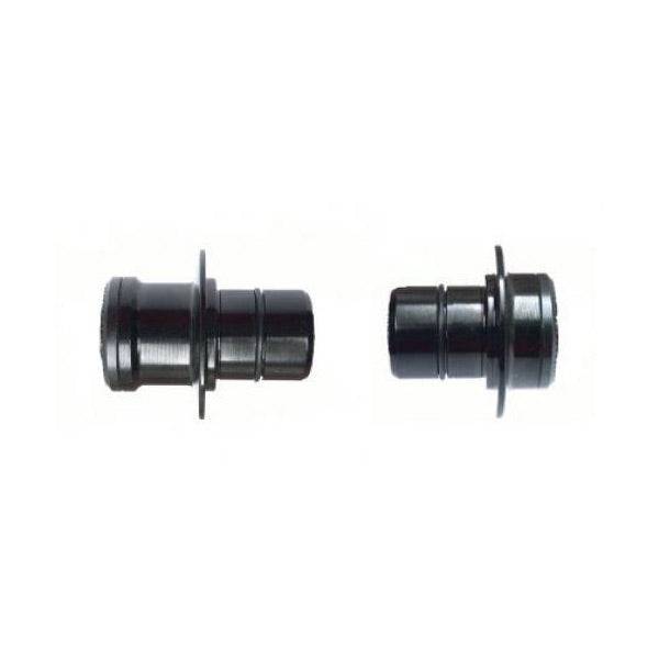 DT Swiss front wheel kit with 100mm and 12mm thru-axle adapters for 350 hubs, showing the components and adapters.