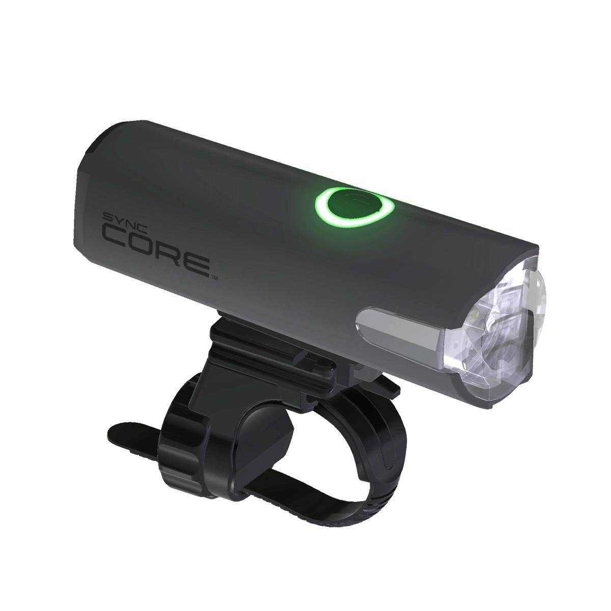 CatEye Sync Core 500 Bluetooth bike front light with 500 lumens and app-controlled synchronization, mounted on a bicycle handlebar.