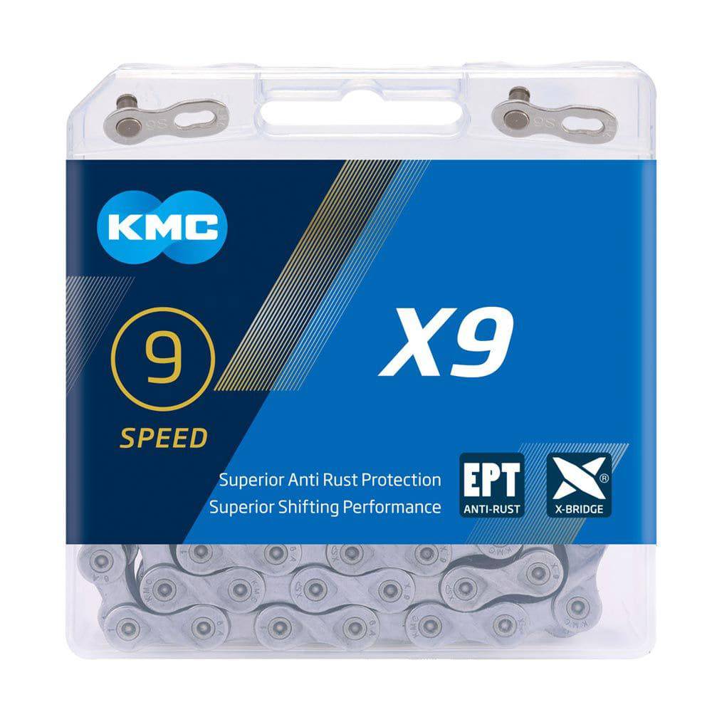KMC X9 EPT 114L 9-speed bike chain with EcoProTeQ anti-rust coating, shown on a white background.