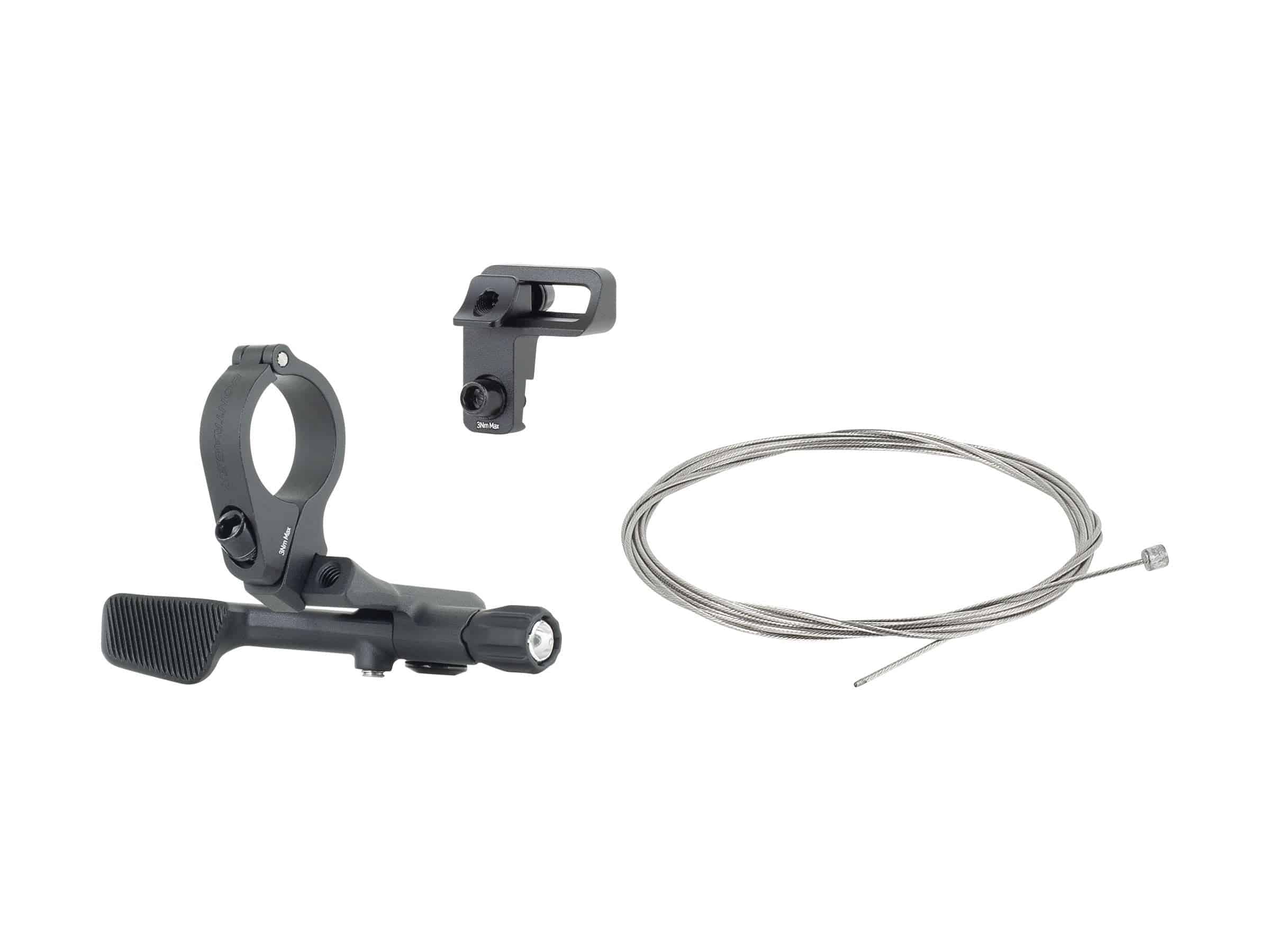 Bontrager Line Elite Stealth dropper seatpost lever in black, showcasing ergonomic design and mounting mechanism for bike components.