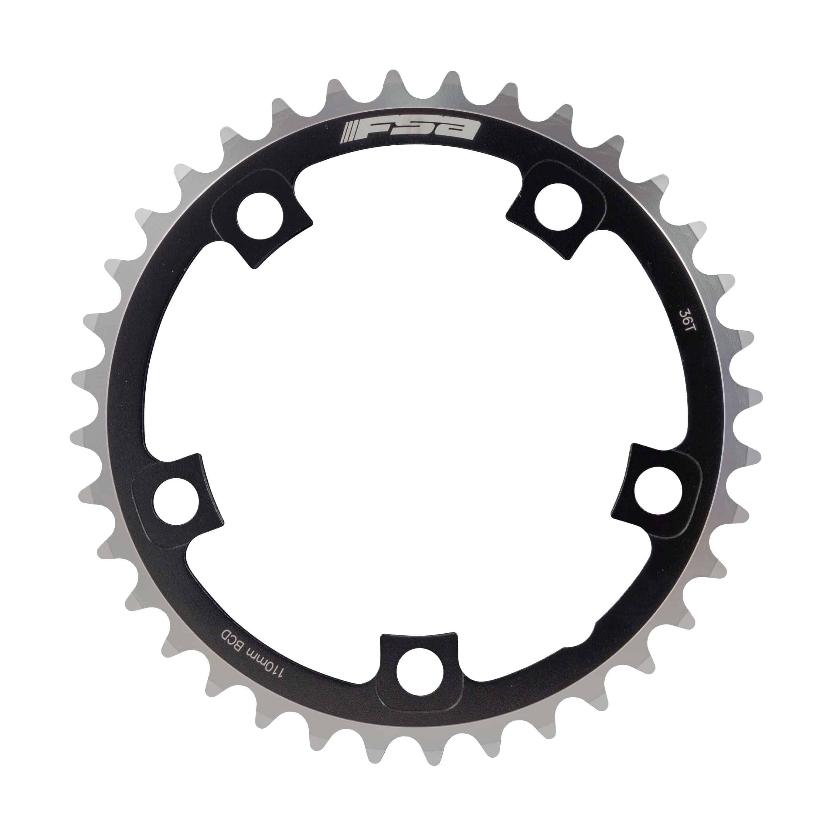 FSA Pro Road 2x11 Speed chainring set with 36T black anodized finish and 5-hole mounting for bicycle components.