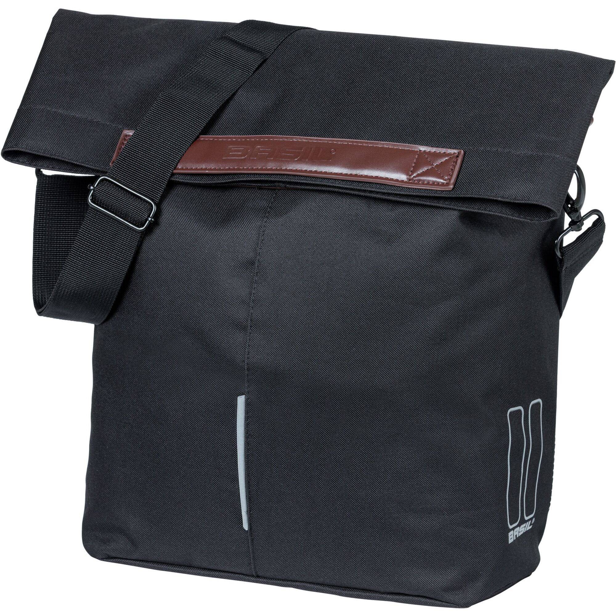 Black Basil City Bicycle Shopper Bag with hook-on system, reflective details, 14-16L capacity, designed for bike accessories.