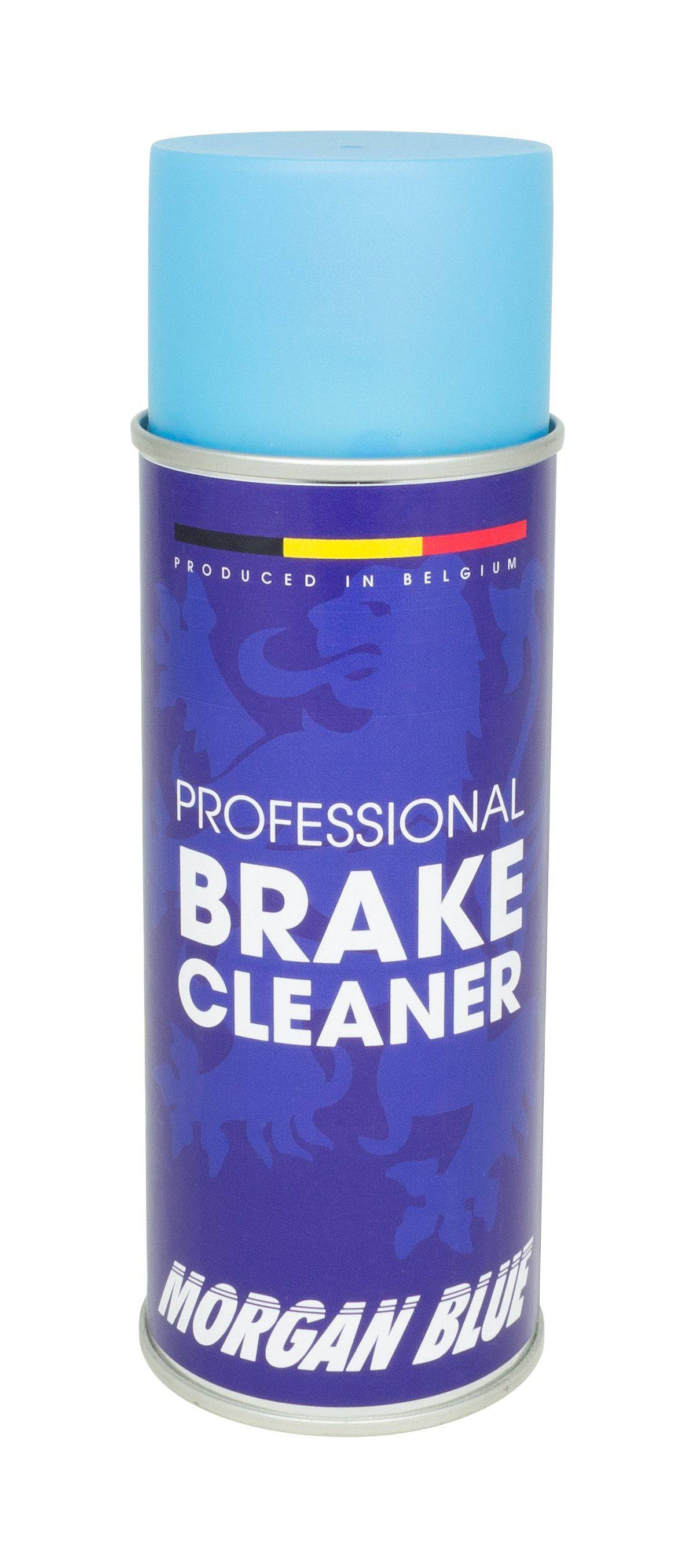 Morgan Blue Brake Cleaner aerosol spray for workshop use, fast-drying formula removes grease and brake dust from motorcycle or bike parts.