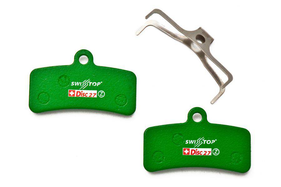 SwissStop Disc 27 MTB brake pads for Shimano ZEE, ZE, M8020 Green Disc C mountain bike components, shown in close-up.