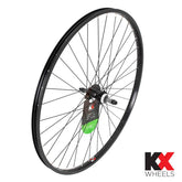 KX Wheels KX Hybrid 700C rear wheel with singlewall rim and solid axle, compatible with rim brake, mounted on bike.
