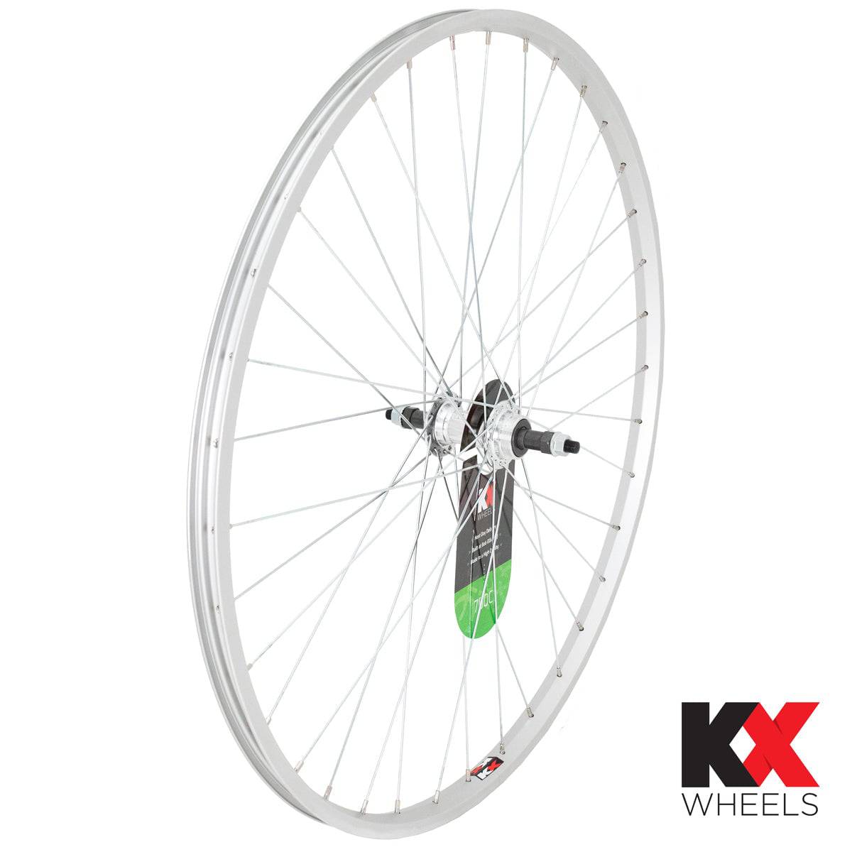 KX Wheels KX Hybrid 700C rear wheel with singlewall rim, solid axle, screw-on, rim brake compatible, bike component.