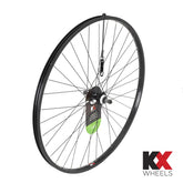 KX Wheels KX Hybrid 700C rear wheel with single-wall rim, quick release, 36H, screw-on freewheel, suitable for bicycle components.