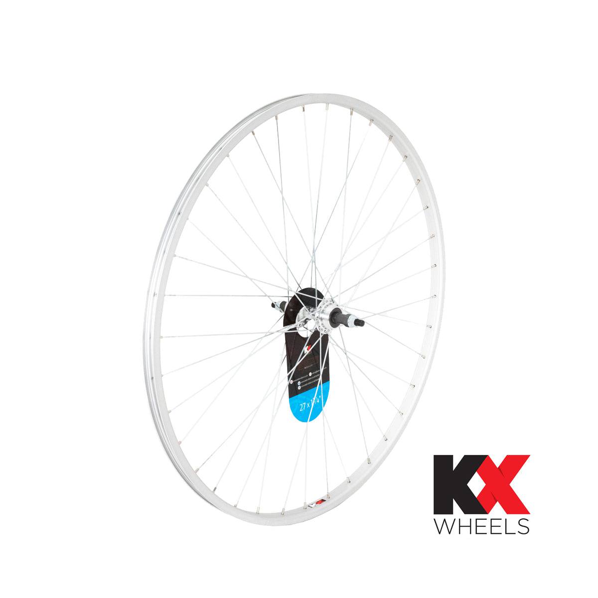KX Wheels KX Road 27x1 1/4" rear wheel rim with singlewall silver brake surface and solid axle screw-on design.