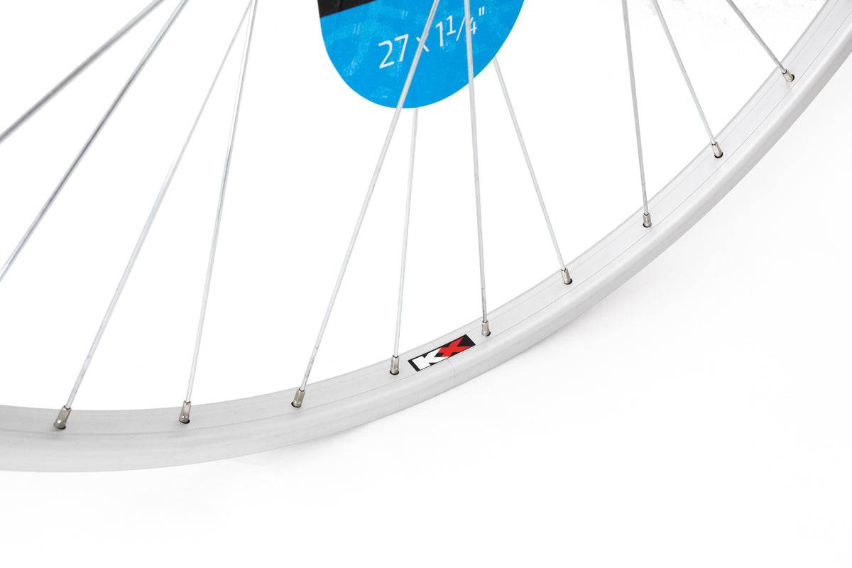 KX Wheels KX Road 27 x 1 1/4" rear wheel rim with singlewall solid axle, silver, screw-on brake compatible component