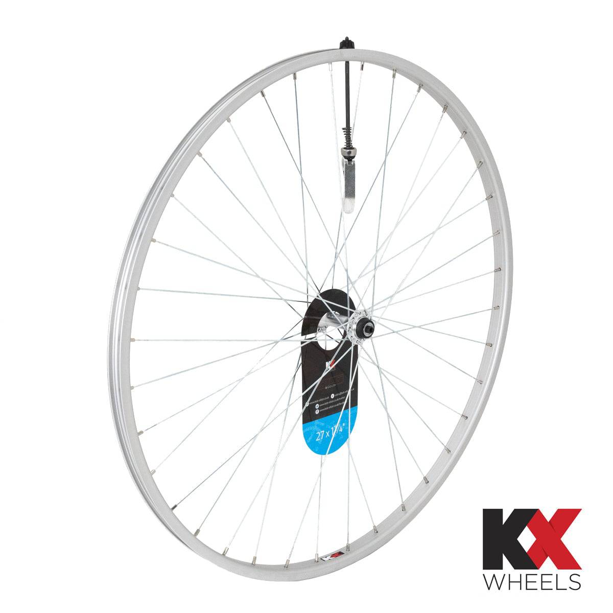 KX Wheels KX Road 27 x 1 1/4 inch singlewall front wheel rim with silver Q/R 100mm hub, bike component for road cycling.