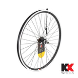 KX MTB 26-inch rear wheel with double-wall rim, quick release, screw-on freewheel, designed for mountain bikes.