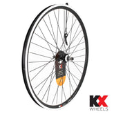 KX Wheels 27.5-inch MTB rear wheel rim with double-wall design, black finish, quick-release screw-on, suitable for disc brake systems