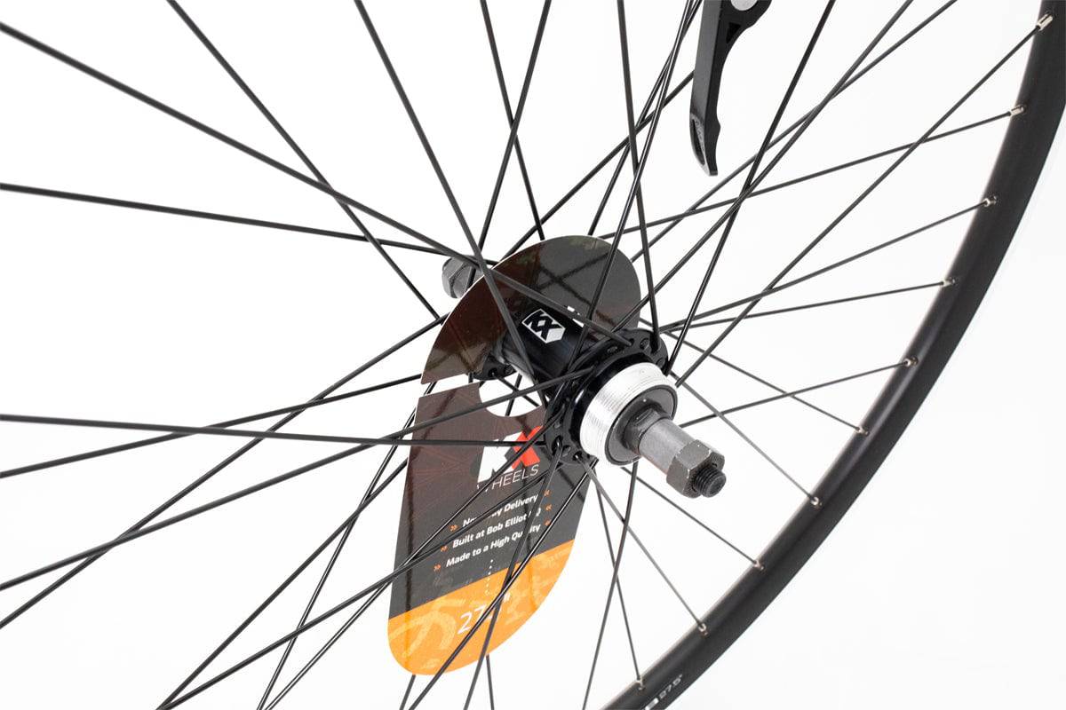 KX MTB 27.5-inch 650B double-wall rear wheel rim with black brake surface, quick-release screw-on design, for mountain biking.