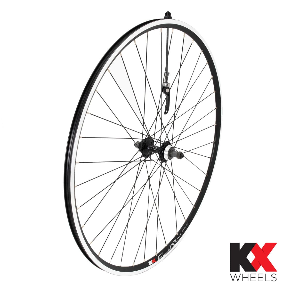 KX Wheels KX Road 700C rear wheel rim with double-wall construction, quick release, and screw-on freewheel for bike components.