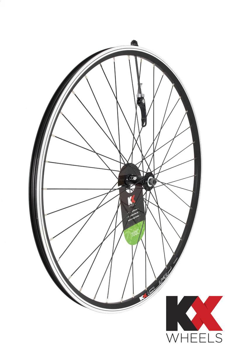 KX Wheels KX Hybrid 700C front wheel rim with doublewall construction and quick release axle for bicycle components.