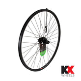 KX Wheels KX Hybrid 700C rear double-wall cassette wheel with quick release disc brake in black, showcasing the rim and brake components.