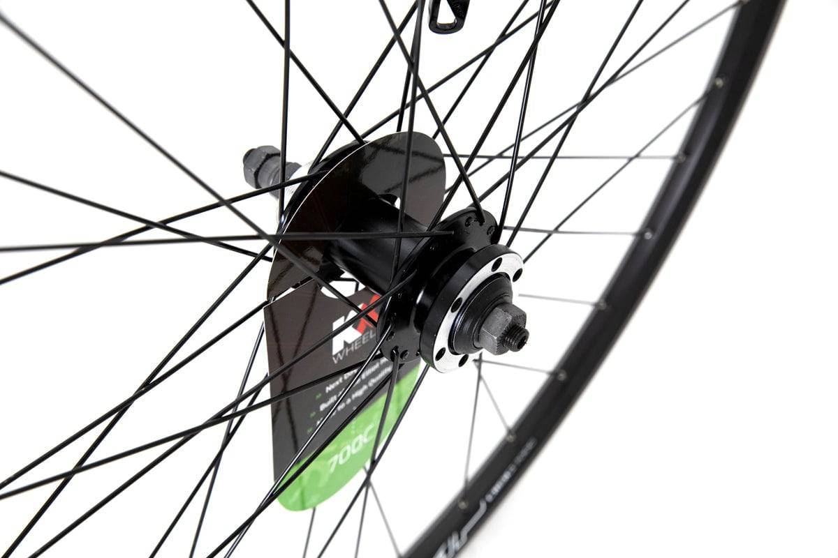 KX Wheels KX Hybrid 700C rear double-wall wheel with quick-release, 6-bolt disc brake in black, bike component for road or mountain biking.