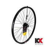 KX MTB 26-inch doublewall front wheel with disc brake, 6-bolt rotor, quick release hub, and sturdy rim for mountain biking.