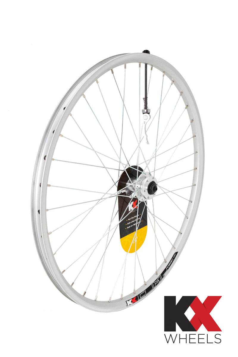 KX MTB 26-inch doublewall front wheel with disc brake, 6-bolt rotor, quick release hub, and durable rim for mountain biking.