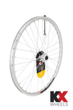 KX MTB 26-inch doublewall front wheel with disc brake, 6-bolt rotor, quick release hub, and durable rim for mountain biking.