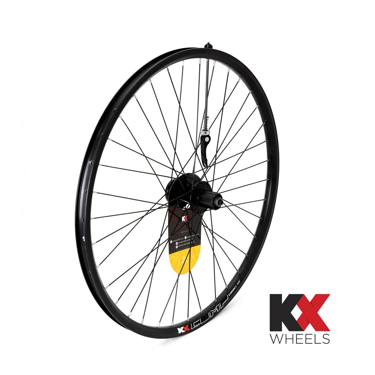KX MTB 26-inch rear doublewall cassette wheel with disc brake and quick-release axle for mountain biking.