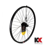 KX MTB 26-inch rear doublewall cassette wheel with disc brake and quick-release axle for mountain biking.