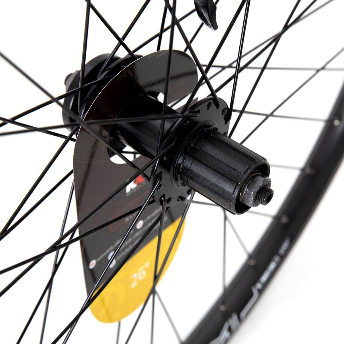 KX MTB 26-inch rear double-wall cassette wheel with disc brake, 135mm quick-release axle, suitable for mountain biking.