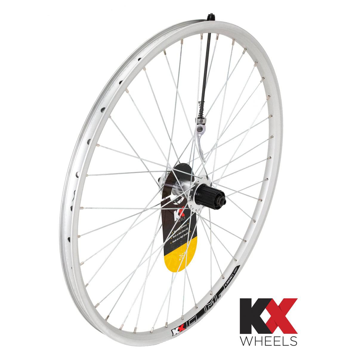 KX MTB 26-inch rear doublewall cassette wheel with disc brake and quick-release axle, suitable for mountain biking.