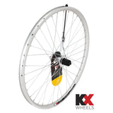 KX MTB 26-inch rear doublewall cassette wheel with disc brake and quick-release axle, suitable for mountain biking.