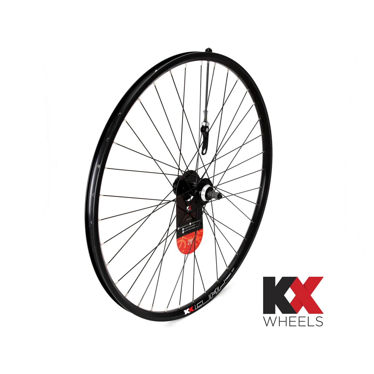 KX MTB 29-inch rear doublewall disc brake wheel with quick-release skewer, designed for mountain biking.