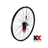 KX MTB 29-inch rear doublewall disc brake wheel with quick-release skewer, designed for mountain biking.