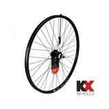 KX MTB 29-inch rear doublewall disc brake wheel with quick-release skewer, designed for mountain biking.