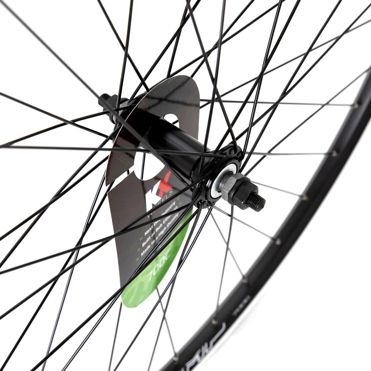 KX Wheels KX Hybrid 700C front wheel rim with double-wall construction and black solid axle for bike braking and riding.