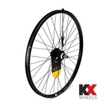 KX MTB 26-inch rear wheel with double-wall rim and quick release disc brake hub, featuring a screw-on design and durable components.