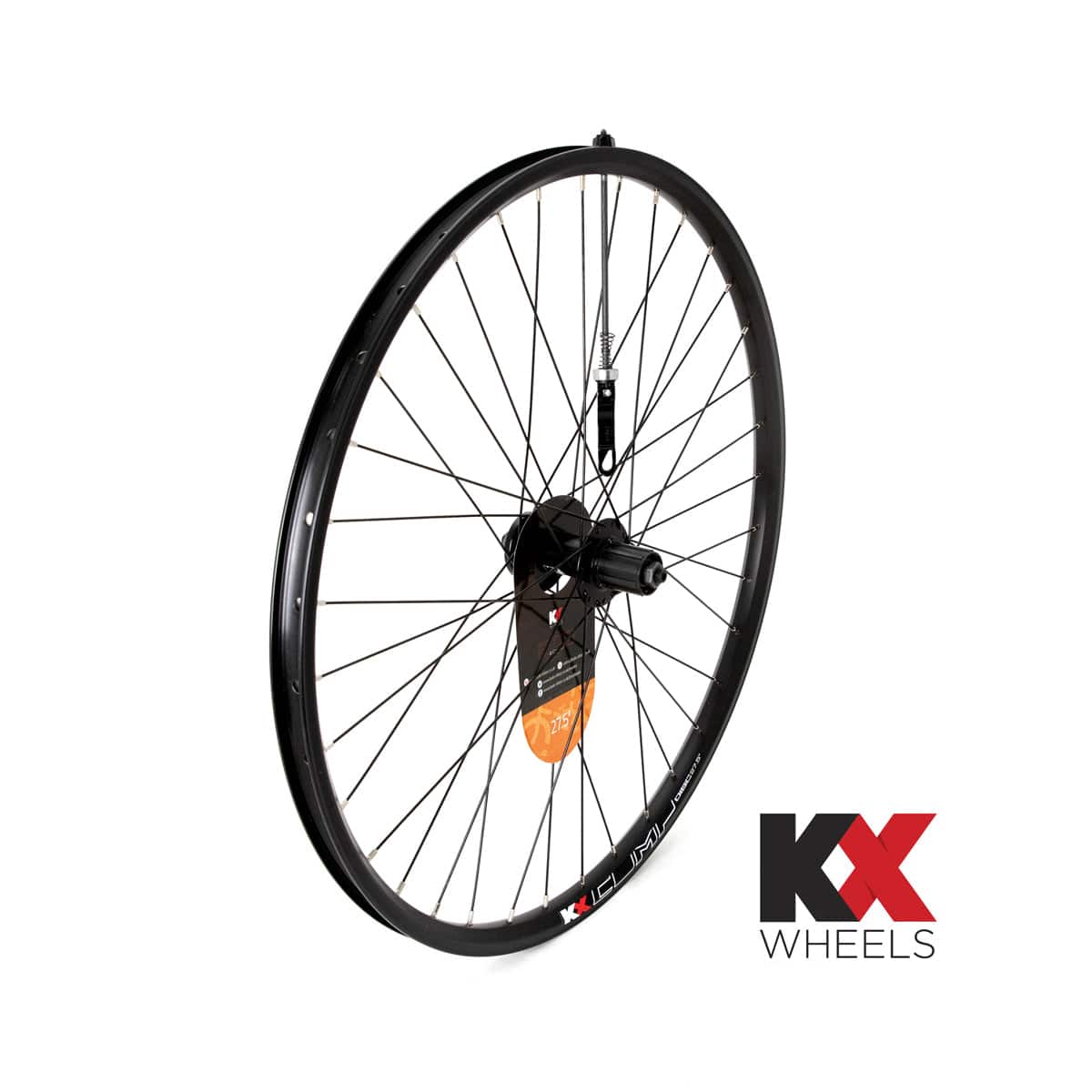 KX MTB 27.5-inch rear cassette wheel with disc brake and quick release, black, 36-hole, 6-bolt pattern, double-wall rim.