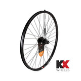 KX MTB 27.5-inch rear cassette wheel with disc brake and quick release, black, 36-hole, 6-bolt pattern, double-wall rim.