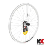 KX MTB 26-inch rear wheel with double-wall rim and quick release, compatible with 8-11 speed cassette and rim brake.