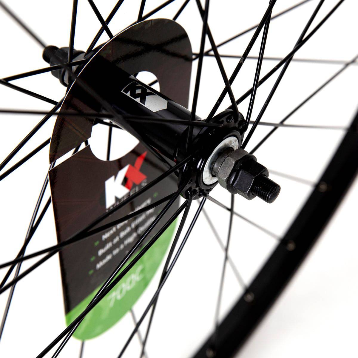 KX Hybrid 700C front wheel with single-wall rim and solid axle for hybrid bikes, showcasing the wheel's durable construction and design.