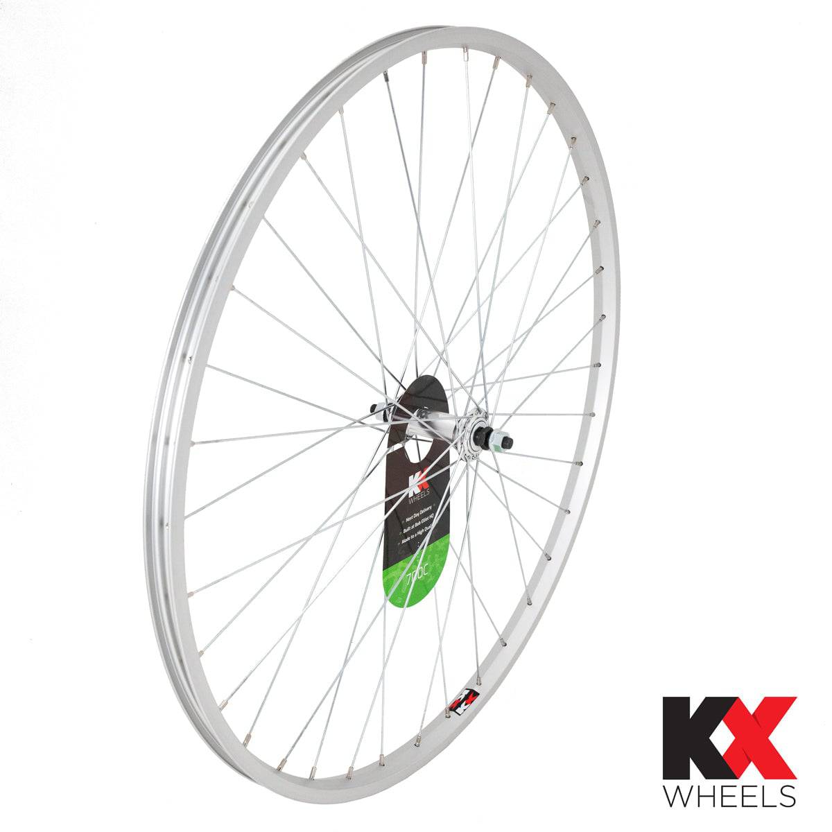KX Hybrid 700C front wheel with single-wall rim and solid axle, designed for hybrid bikes, featuring rim brake compatibility.