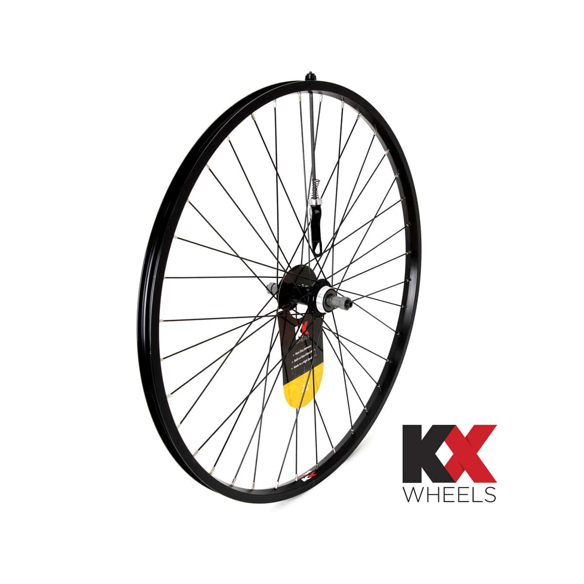 KX MTB 26-inch rear singlewall Q/R screw-on wheel rim for mountain bike brake components, showing the black rim and quick-release mechanism.