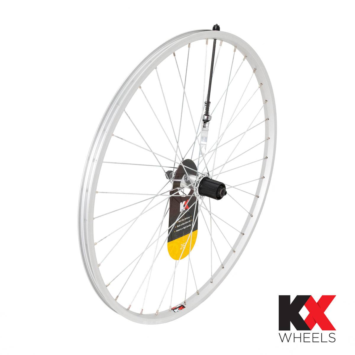 KX MTB 26-inch rear cassette wheel with singlewall rim, disc brake compatible, 135mm quick-release, 8-11 speed gear compatibility