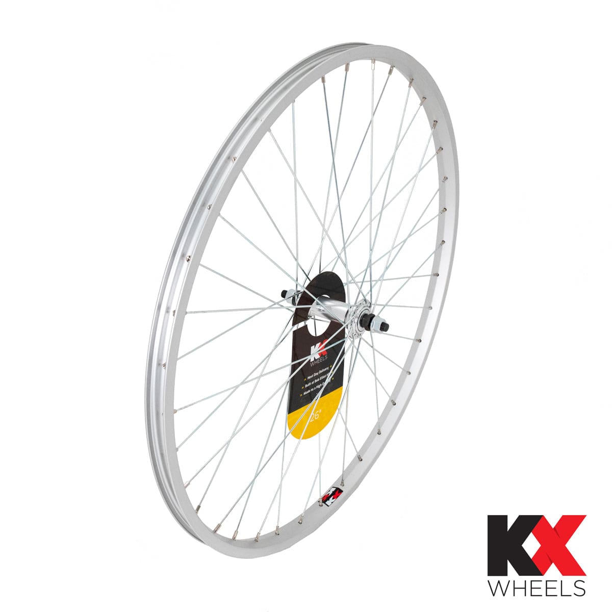 KX MTB 26-inch front wheel with single-wall rim, solid axle, 36-hole, designed for mountain biking components.
